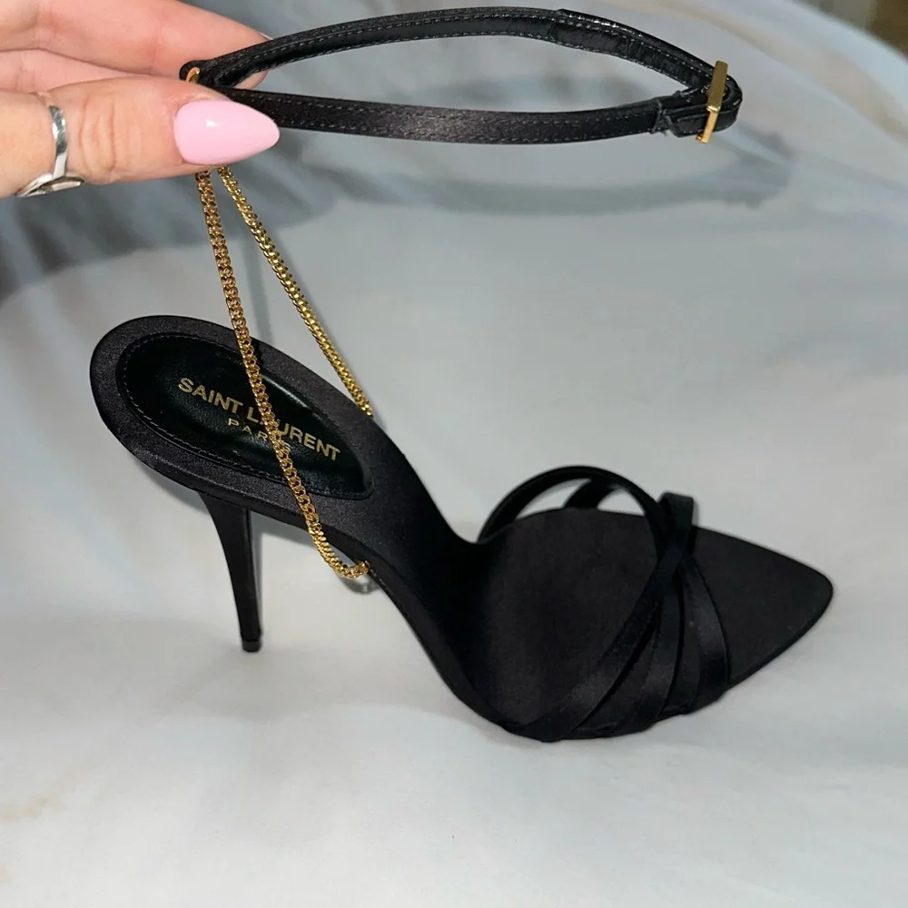 Authentic Saint Laurent Black Satin Chain Heels - Picture 3 of 10
